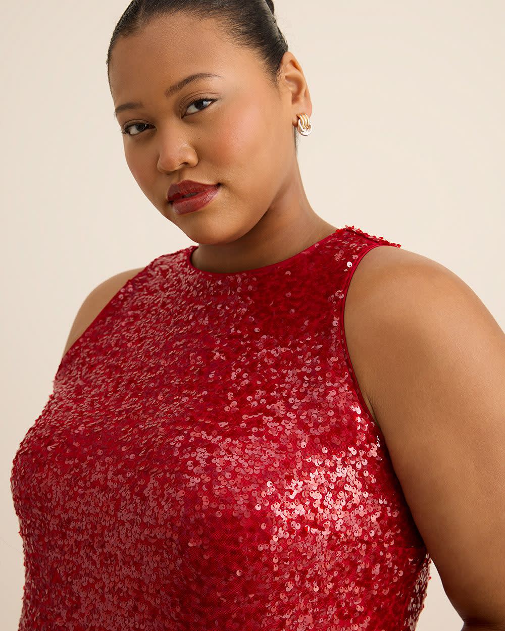 Red Flared Sleeveless Sequins Dress with Back Bow Savvy red