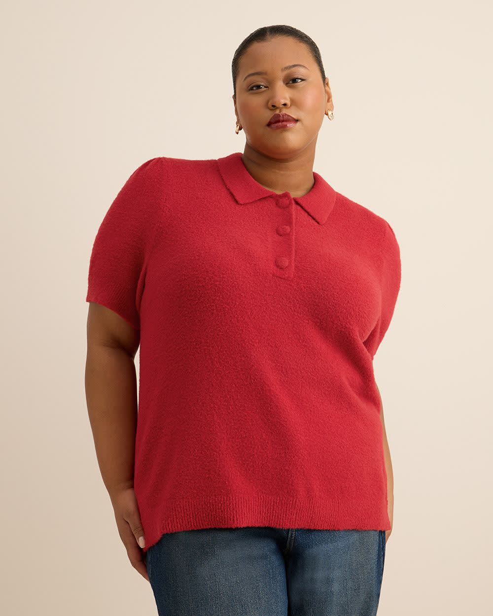 Red Plush Polo Sweater with Fancy Buttons Savvy Red 1 Red Plush Polo Sweater with Fancy Buttons Savvy Red