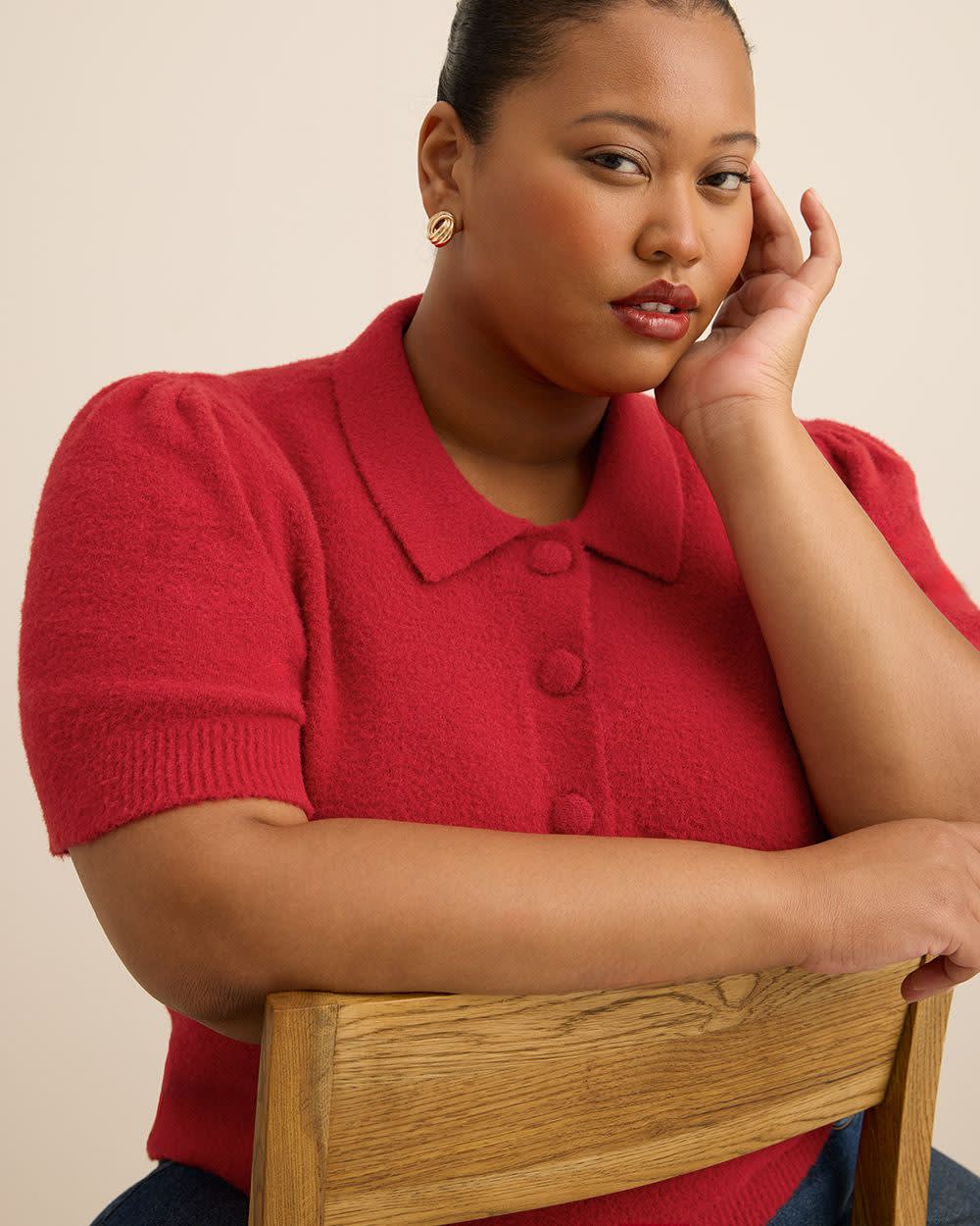 Red Plush Polo Sweater with Fancy Buttons Savvy Red 4 Red Plush Polo Sweater with Fancy Buttons Savvy Red