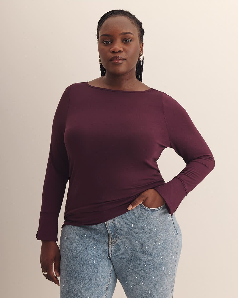 Draped Boatneck Long-Sleeve Top - Addition Elle Winetasting
