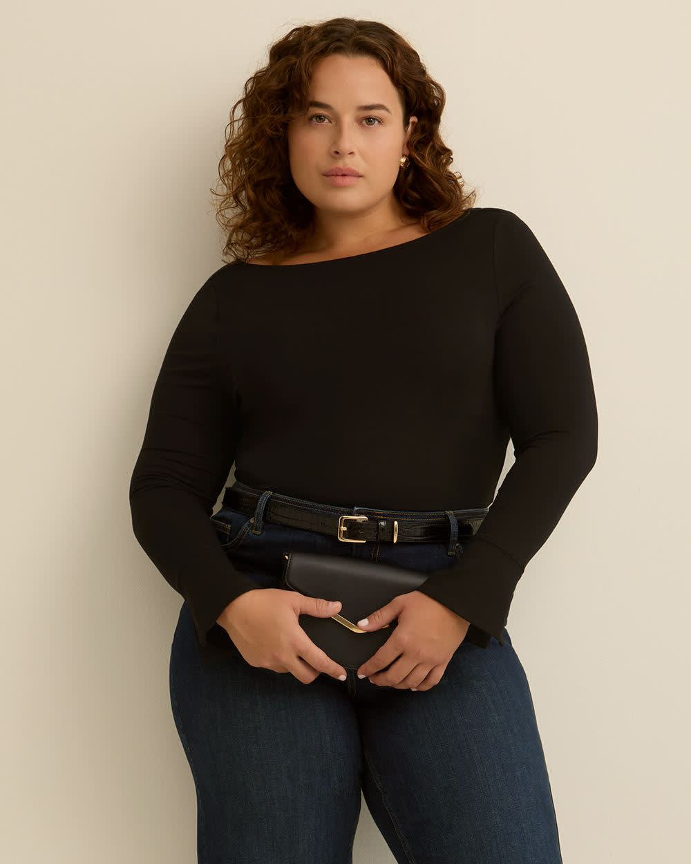 Draped Boatneck Long-Sleeve Top - Addition Elle Black