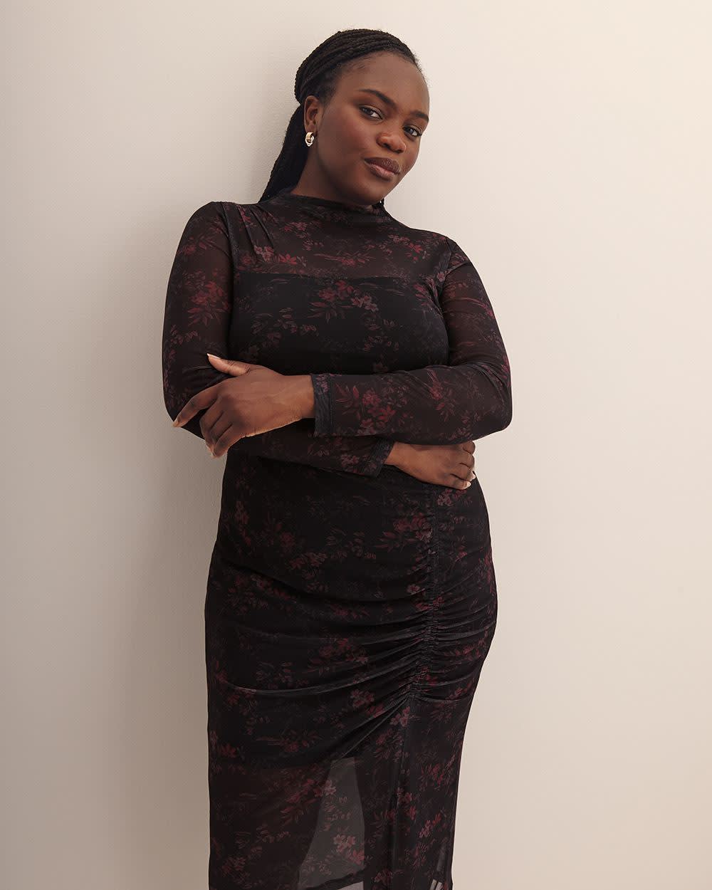 Black Fitted Mesh Midi Dress with Side Shirring - Addition Elle Black printed
