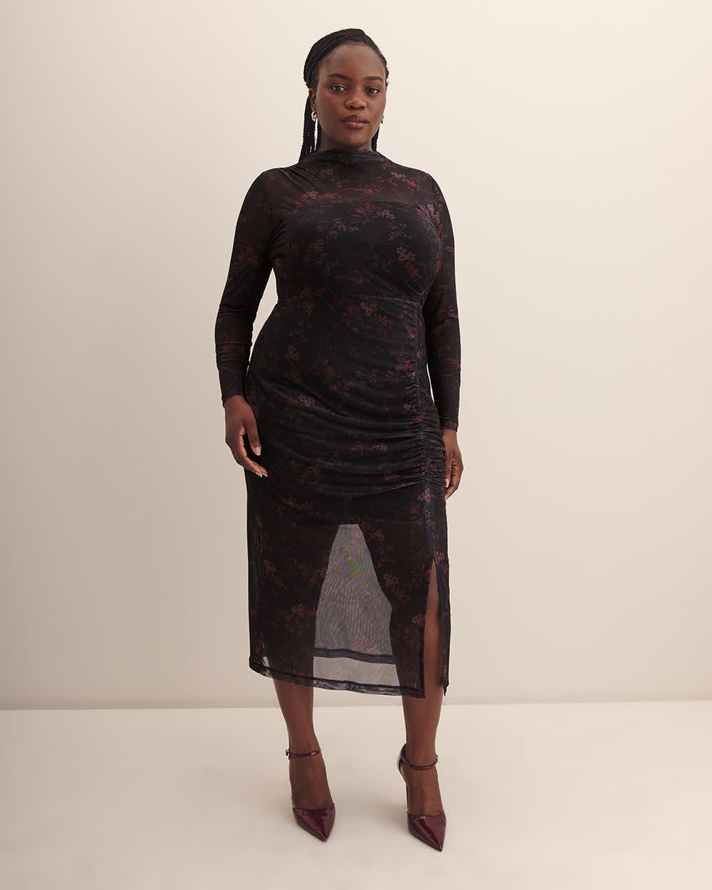 Black Fitted Mesh Midi Dress with Side Shirring - Addition Elle Black printed