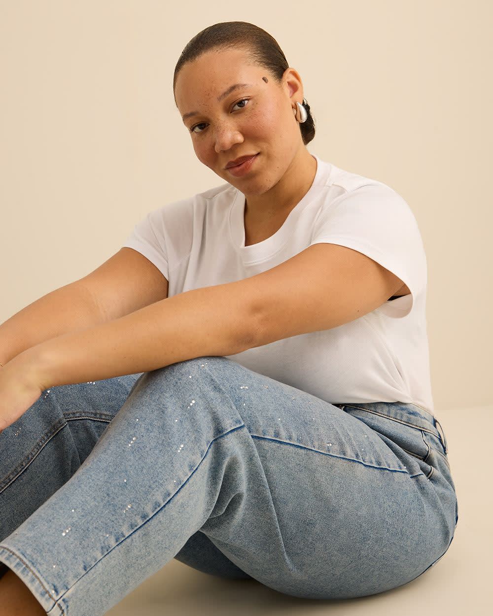 Embellished High-Rise Mom Jeans - Addition Elle Medium light blue denim