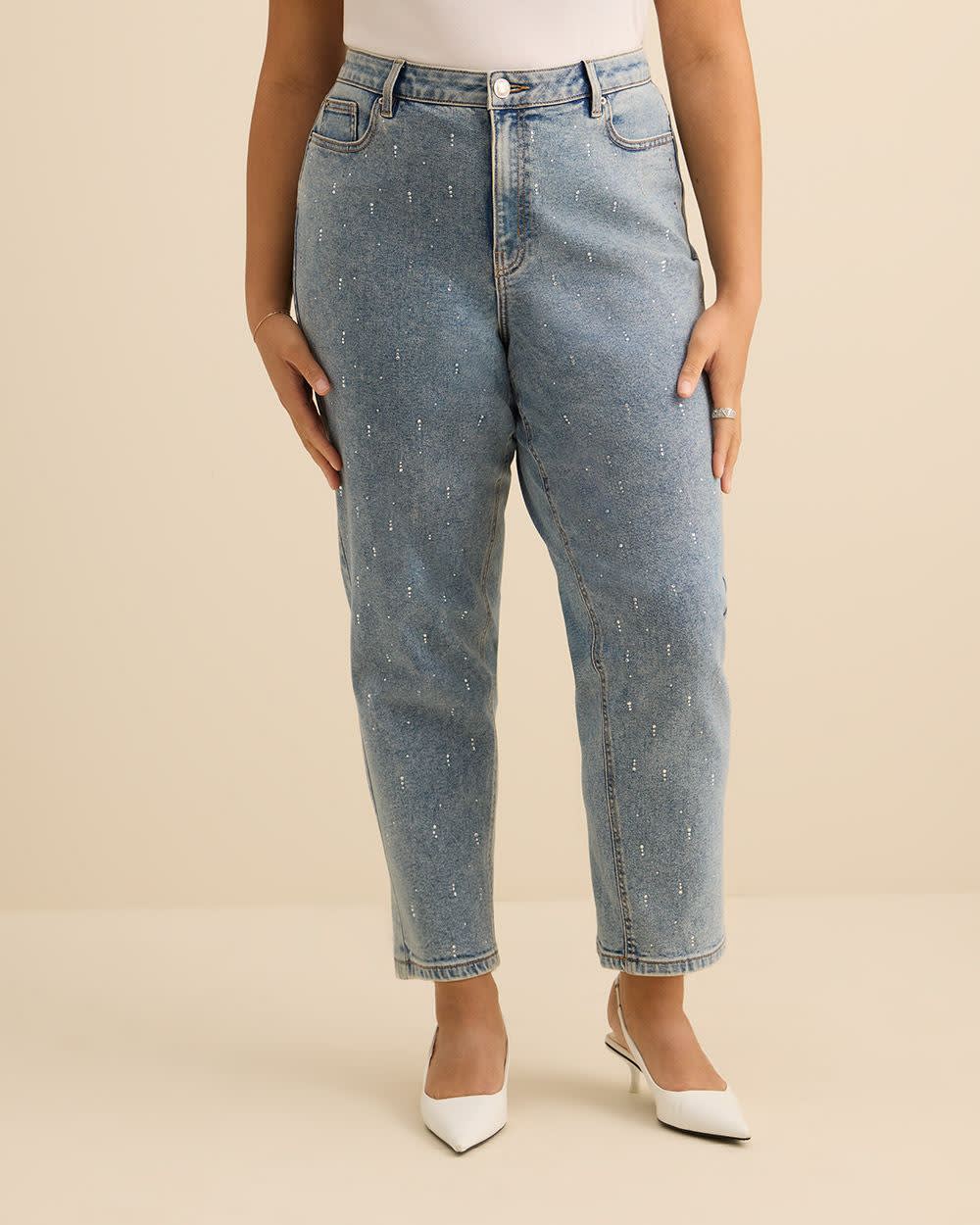 Embellished High-Rise Mom Jeans - Addition Elle Medium light blue denim