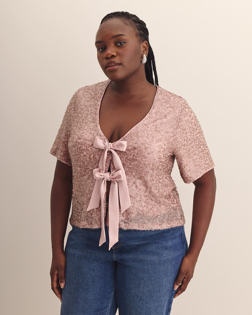 Cropped Sequins Cover-Up with Bow Opening Rose smoke