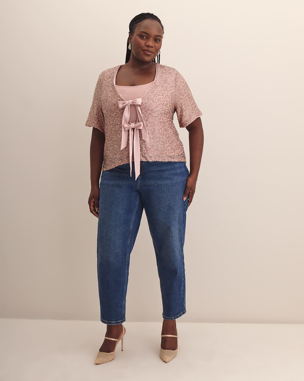 Cropped Sequins Cover-Up with Bow Opening Rose smoke