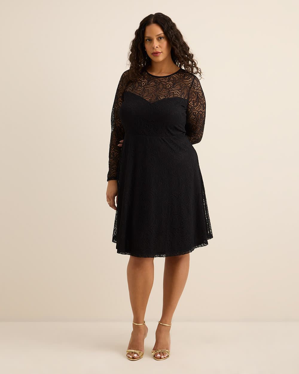 Fit and Flare Long-Sleeve Knit Lace Dress Black 1 Fit and Flare Long-Sleeve Knit Lace Dress Black