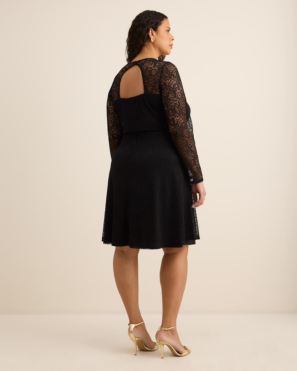 Fit and Flare Long-Sleeve Knit Lace Dress Black 3 Fit and Flare Long-Sleeve Knit Lace Dress Black