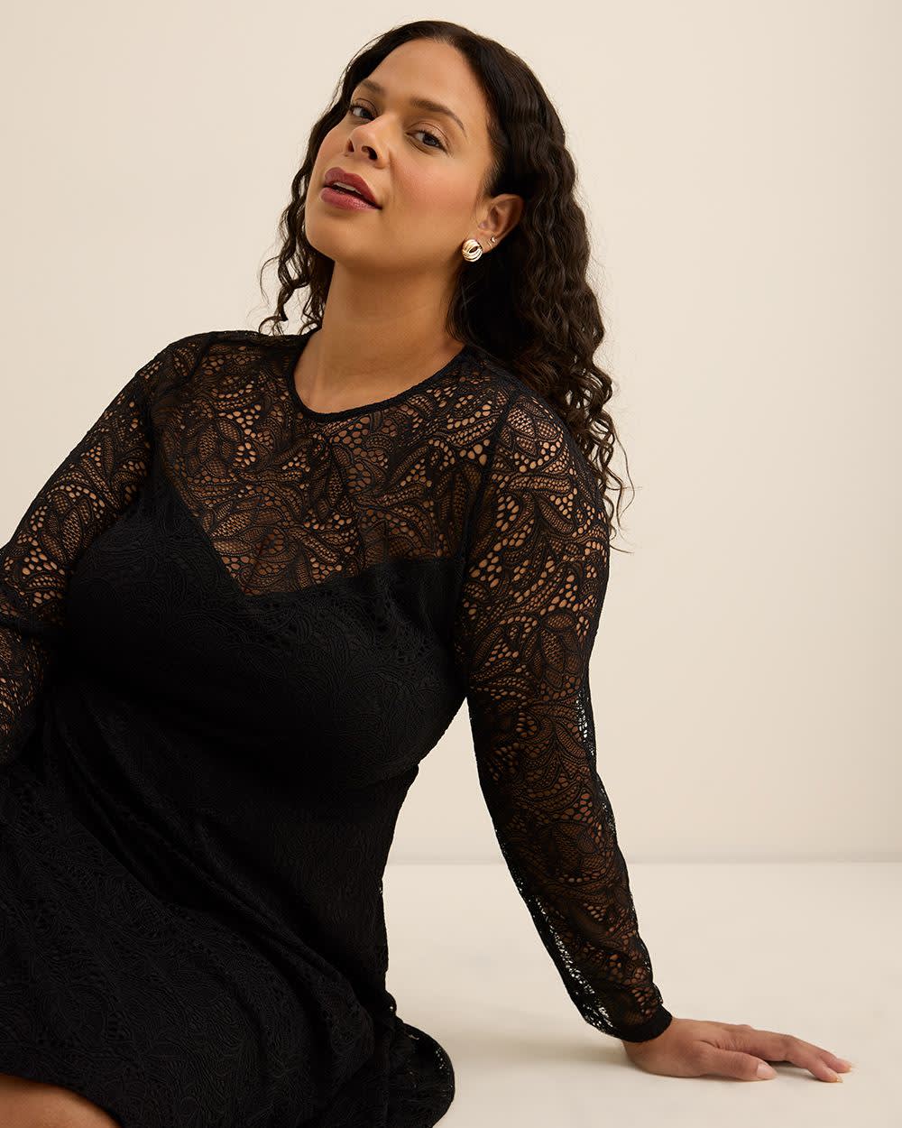 Fit and Flare Long-Sleeve Knit Lace Dress Black 4 Fit and Flare Long-Sleeve Knit Lace Dress Black
