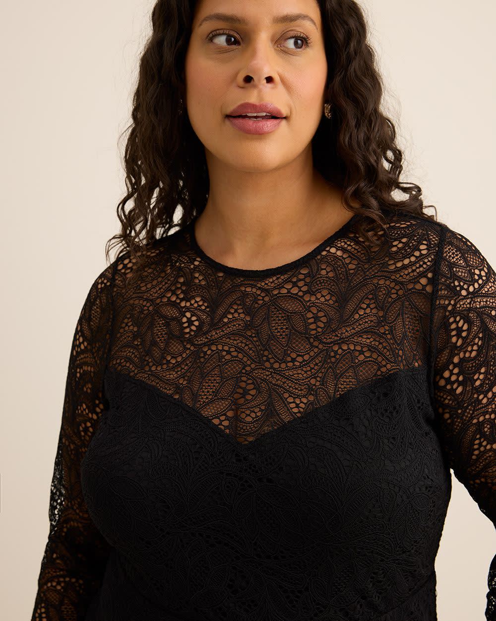 Fit and Flare Long-Sleeve Knit Lace Dress Black 5 Fit and Flare Long-Sleeve Knit Lace Dress Black