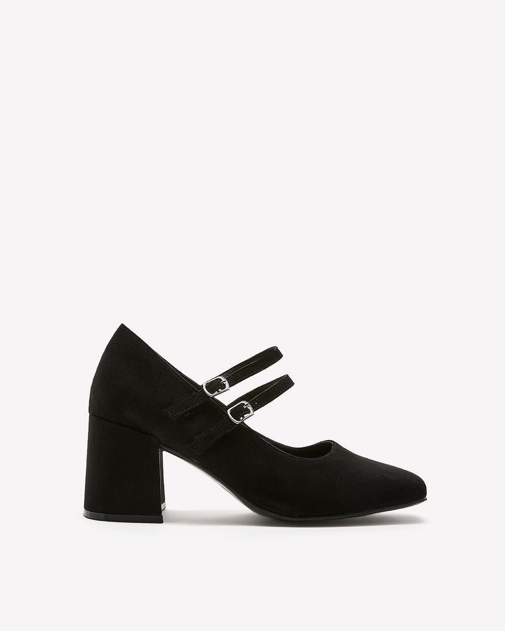 Extra Wide Width, Black Microsuede Double-Strap Block Heel Shoe Black 1 Extra Wide Width, Black Microsuede Double-Strap Block Heel Shoe Black