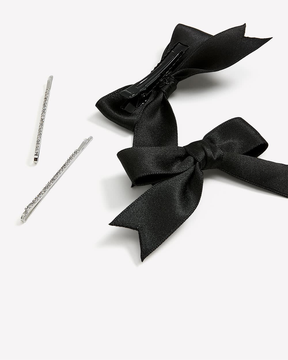 Assorted Rhinestones and Black Bow Hair Barrettes, Set of 4 Black
