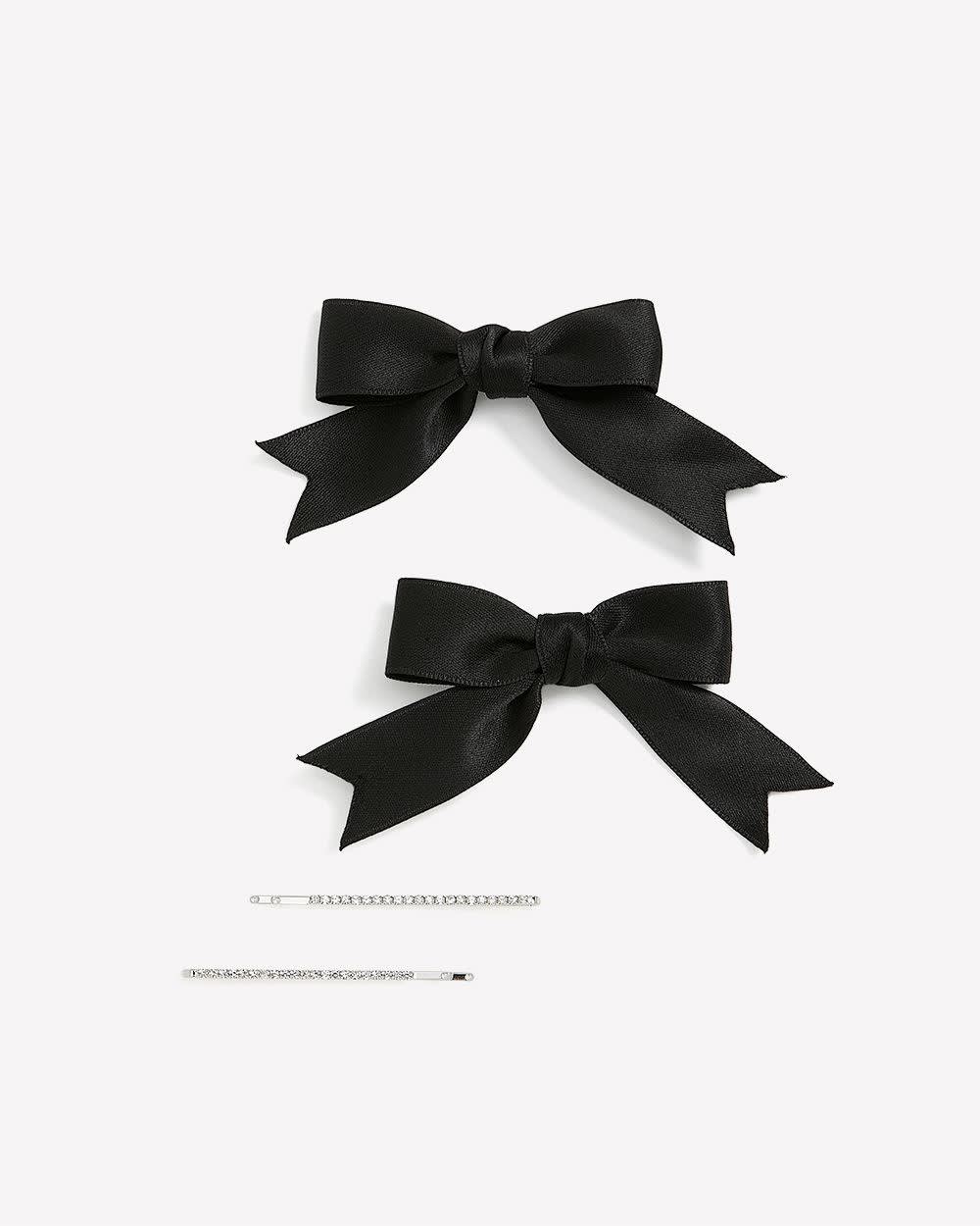 Assorted Rhinestones and Black Bow Hair Barrettes, Set of 4 Black