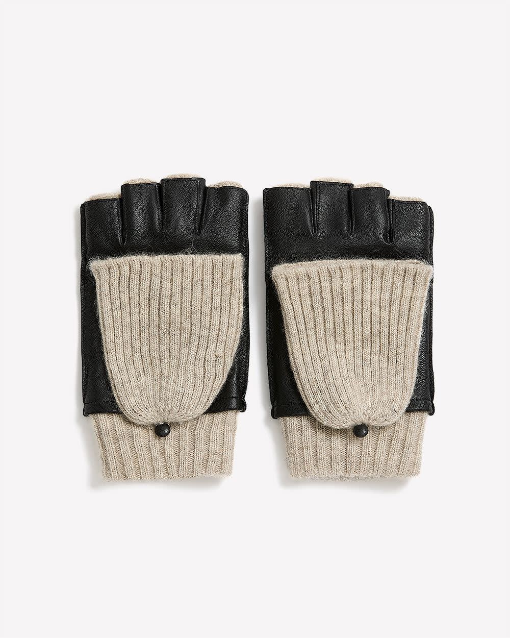 Fingerless Leather Gloves with Knit Cover-Up Black
