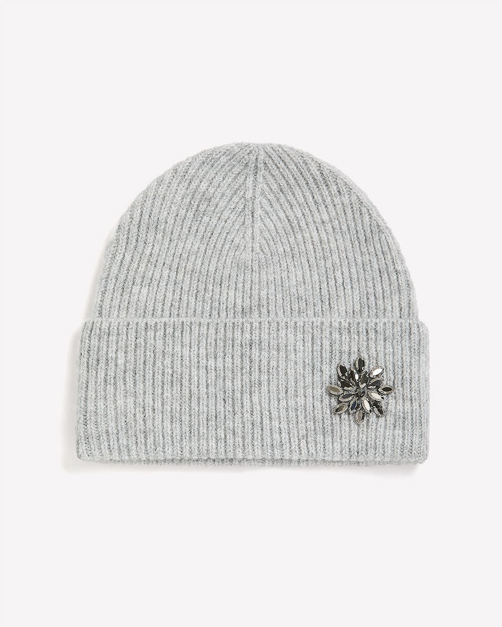 Grey Ribbed Knit Beanie with Jewel Stone Flower Med Grey Heather