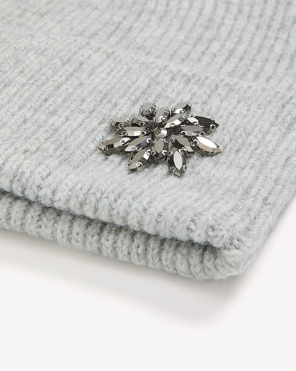 Grey Ribbed Knit Beanie with Jewel Stone Flower Med Grey Heather