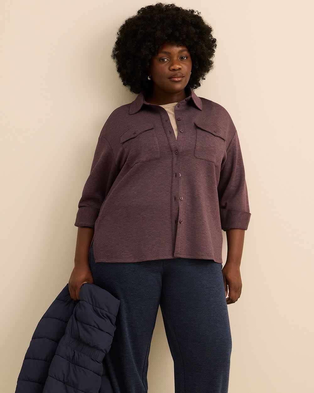 Buttoned-Down Stretch Knit Shirt Plum wine 4 Buttoned-Down Stretch Knit Shirt Plum wine