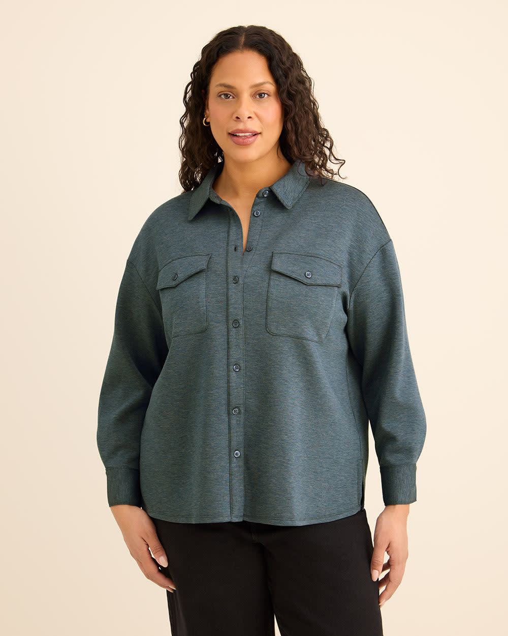 Buttoned-Down Stretch Knit Shirt Navy mix