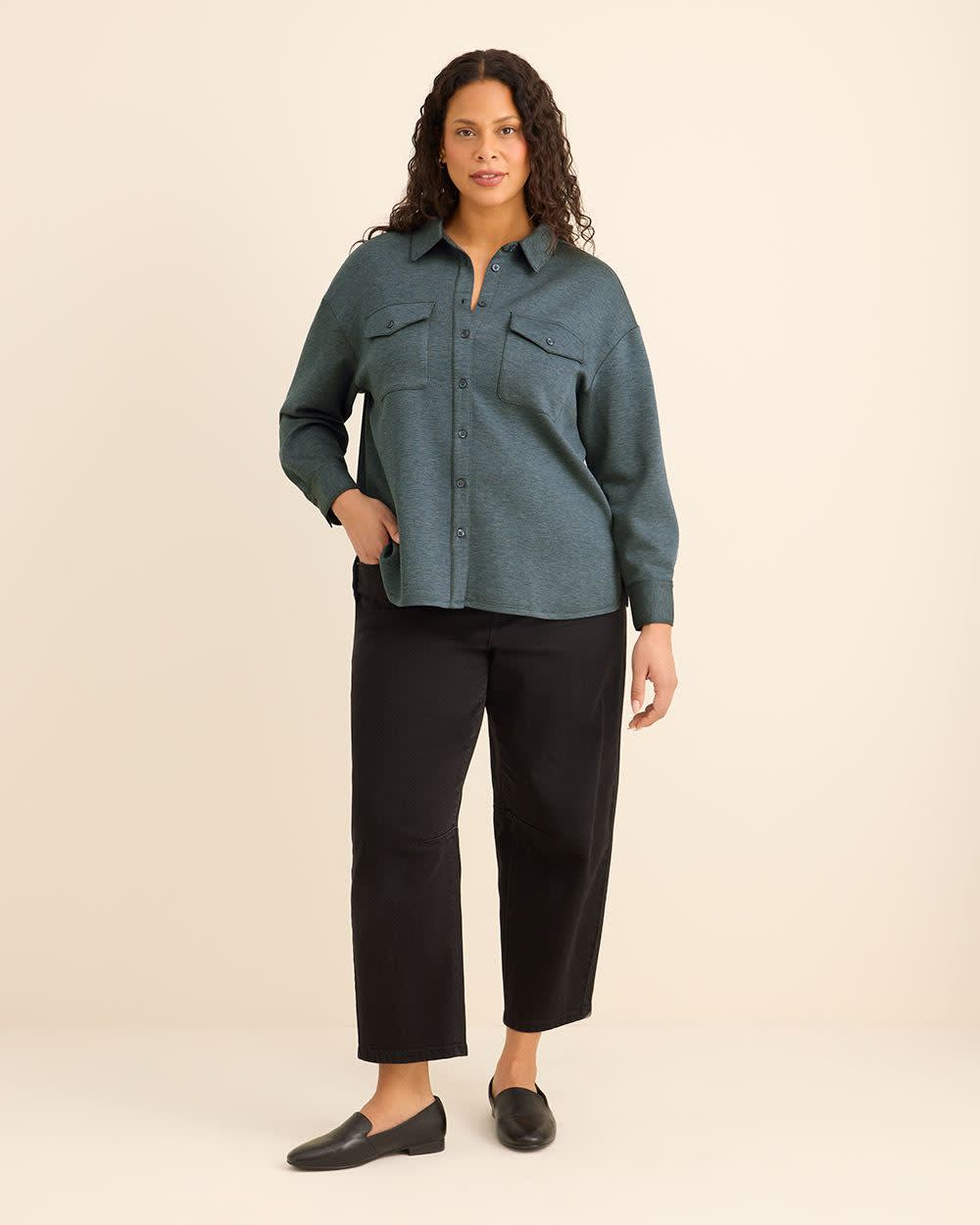 Buttoned-Down Stretch Knit Shirt Navy mix