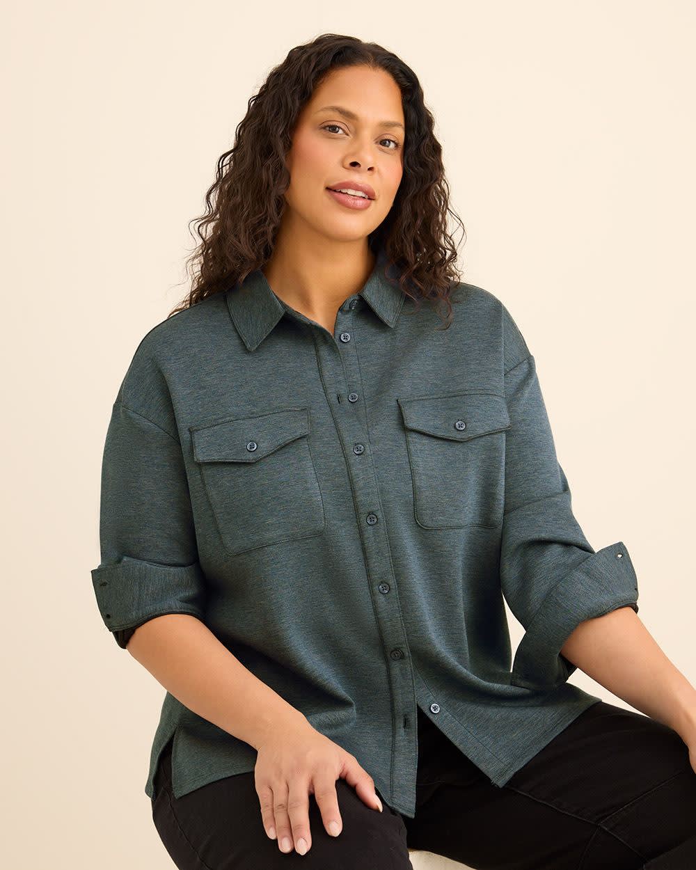 Buttoned-Down Stretch Knit Shirt Navy mix