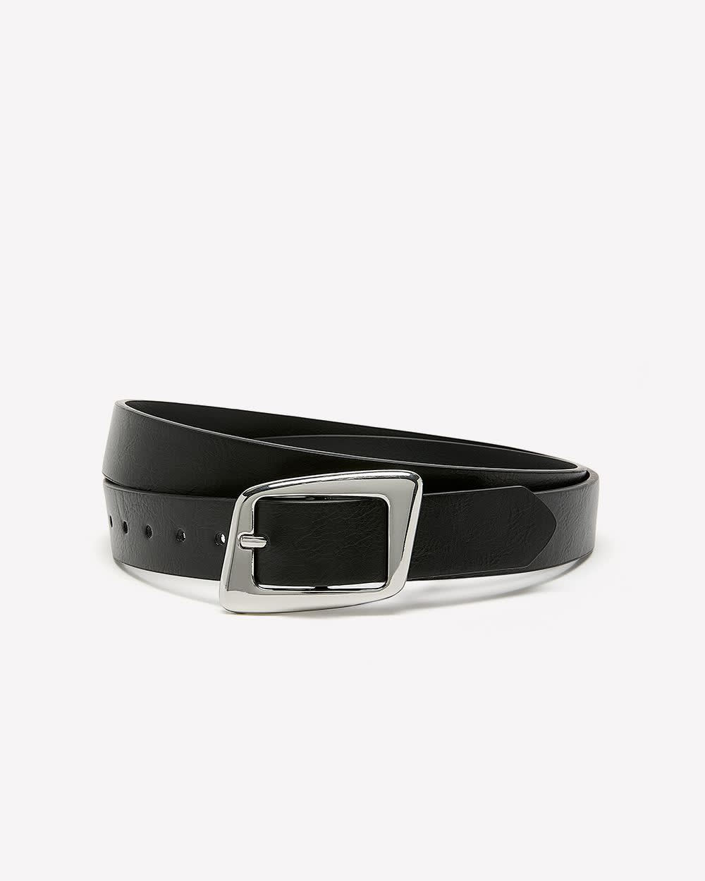 Black Faux-Leather Belt with Uneven Rectangle Buckle Black