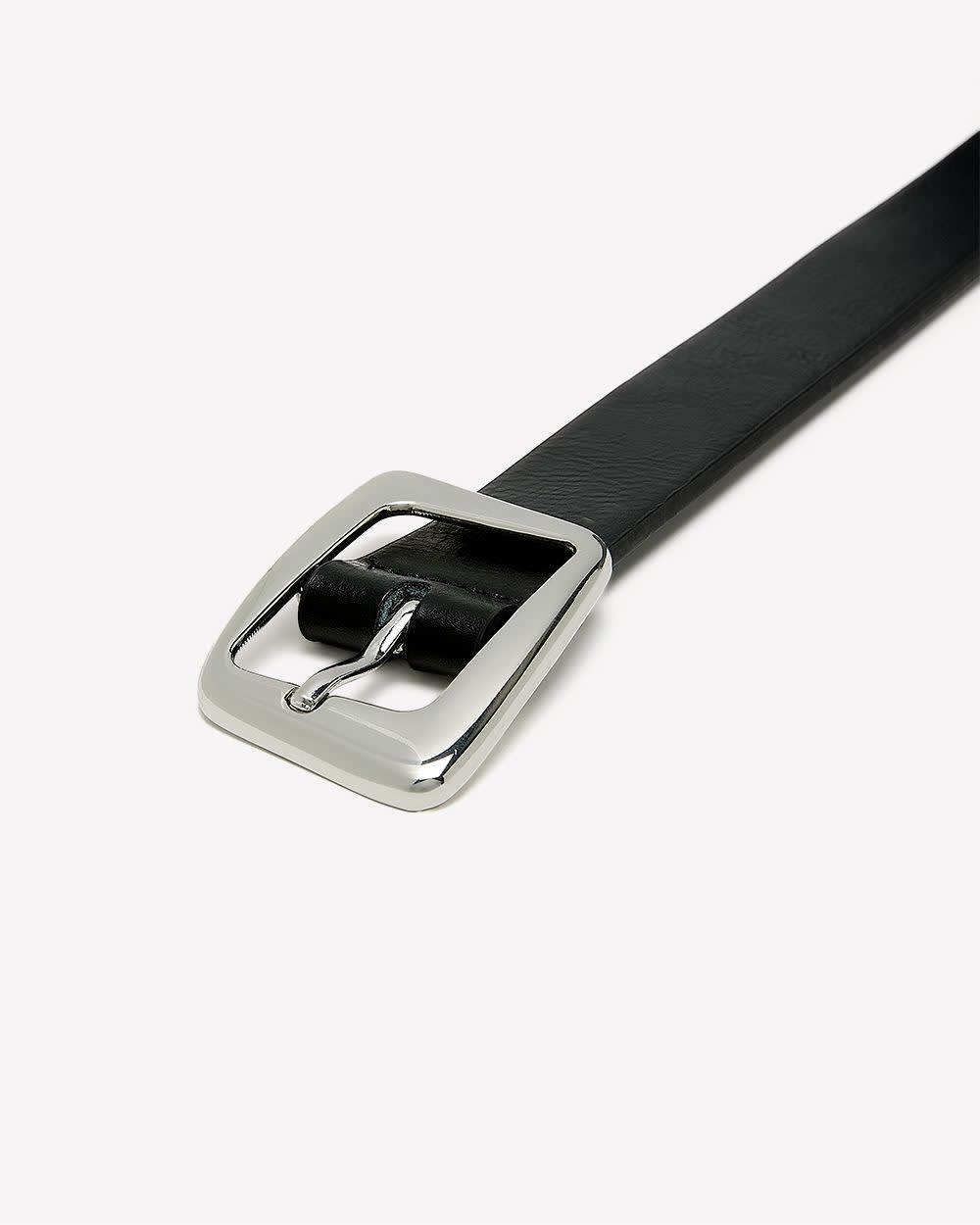 Black Faux-Leather Belt with Uneven Rectangle Buckle Black