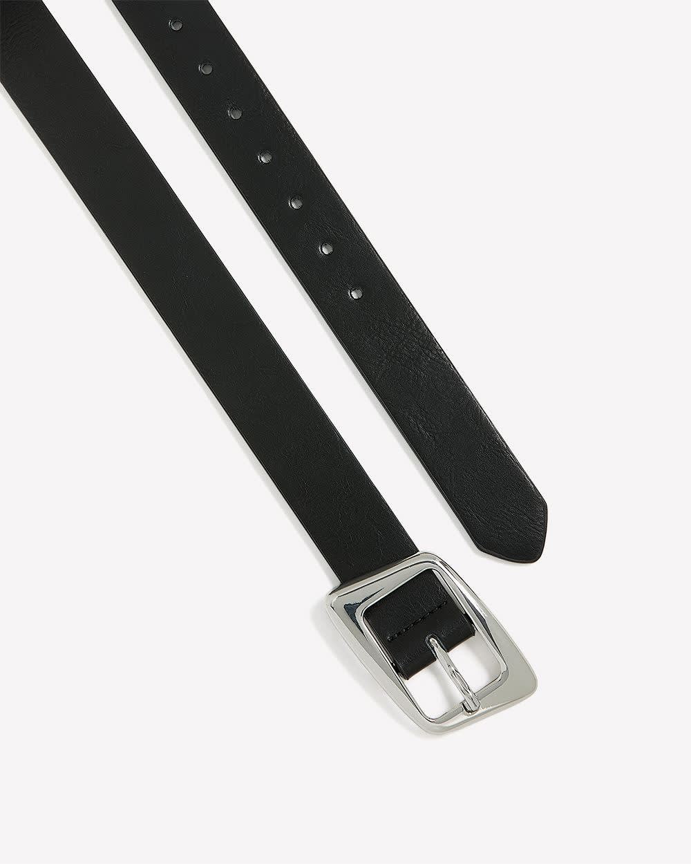 Black Faux-Leather Belt with Uneven Rectangle Buckle Black 3 Black Faux-Leather Belt with Uneven Rectangle Buckle Black