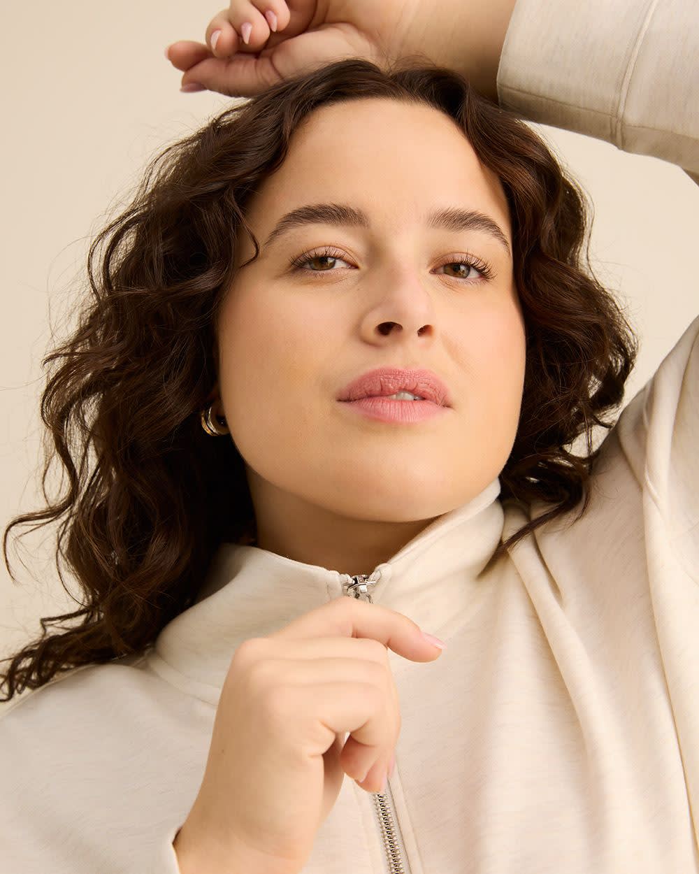 Long-Sleeve Zippered Mock-Neck Top Heather cream 5 Long-Sleeve Zippered Mock-Neck Top Heather cream
