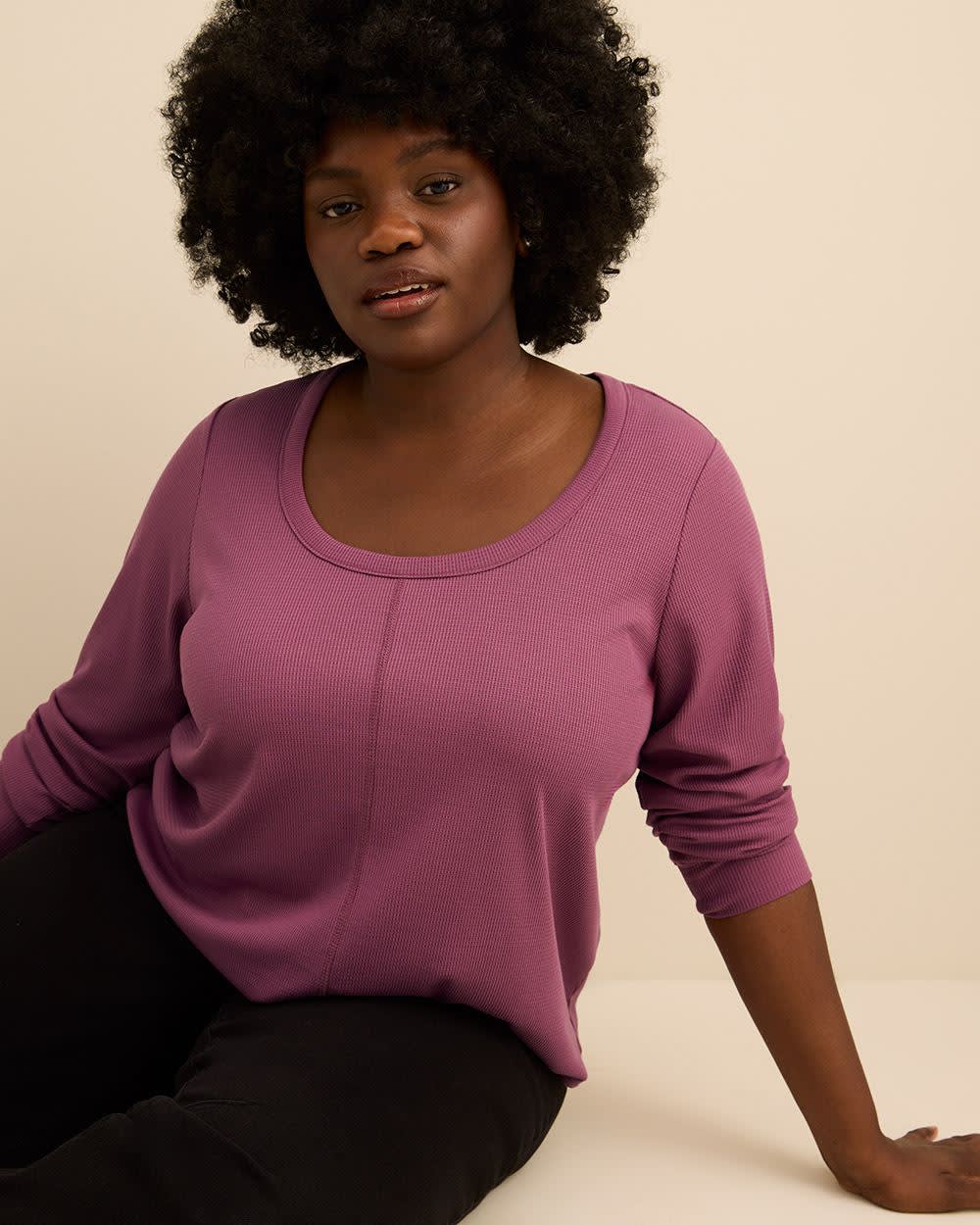 Curvy-Fit Long-Sleeve Waffle Tee - PENN. Essentials Damson