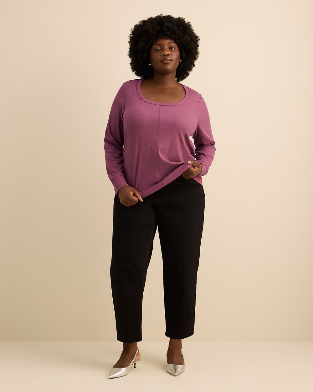 Curvy-Fit Long-Sleeve Waffle Tee - PENN. Essentials Damson