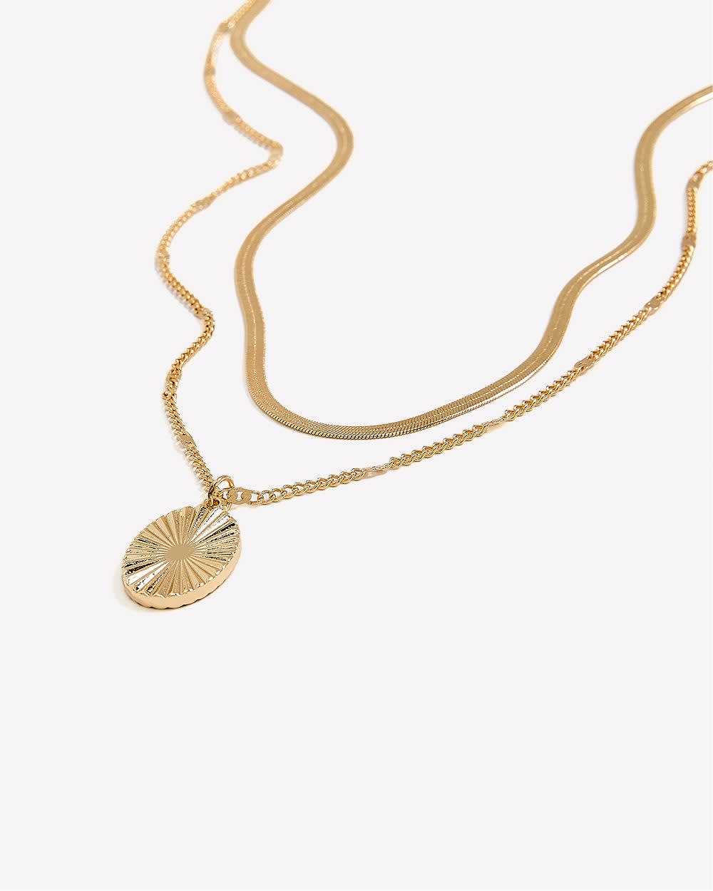 Golden Two-Layer Short Necklace with Textured Pendant Gold
