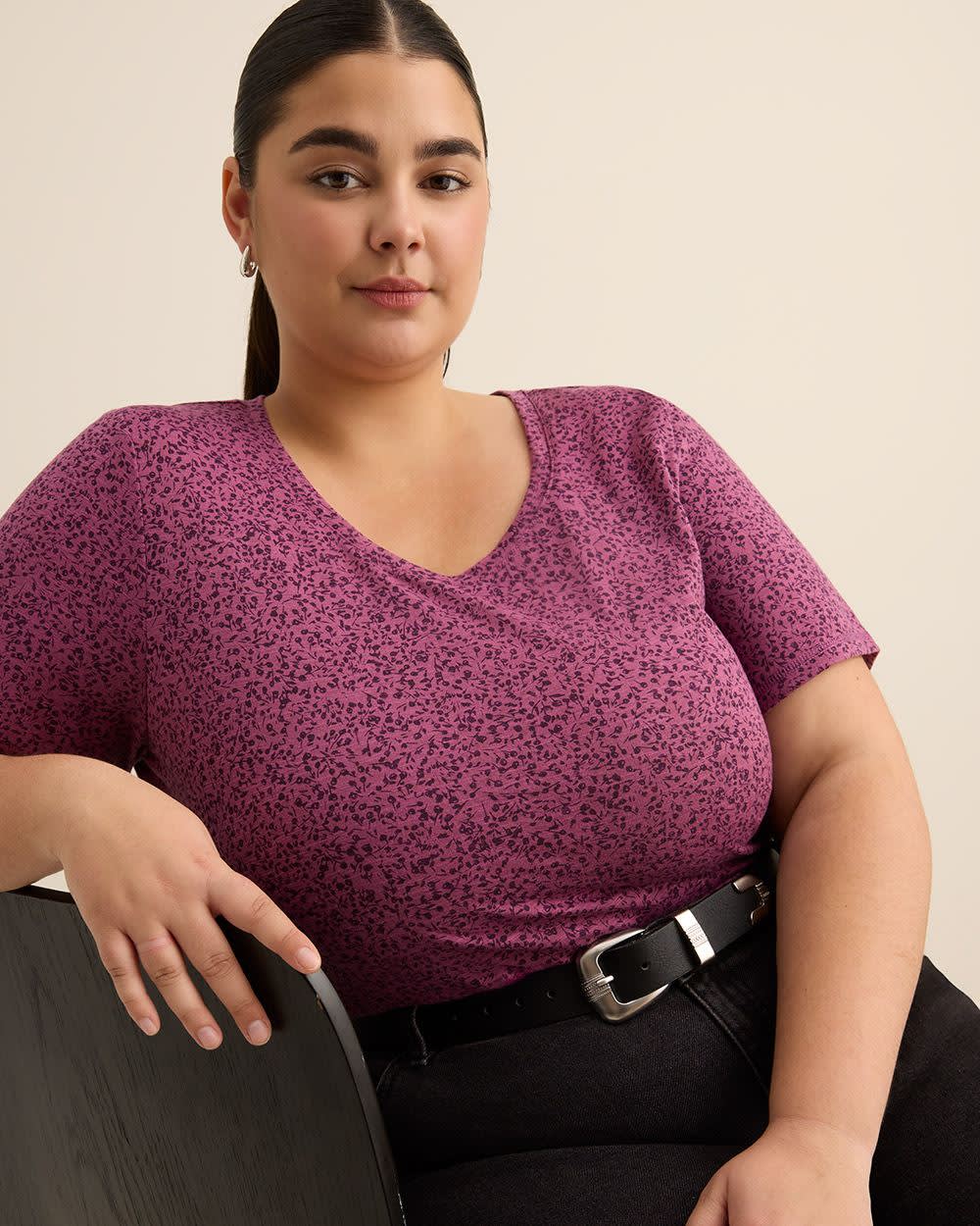 Printed Curvy-Fit Crewneck Tee - PENN. Essentials Damson printed