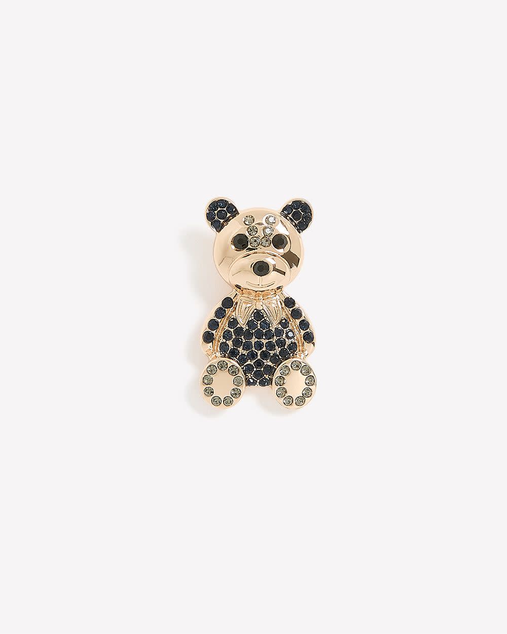 Golden Teddy Bear Brooch with Black Rhinestones Gold