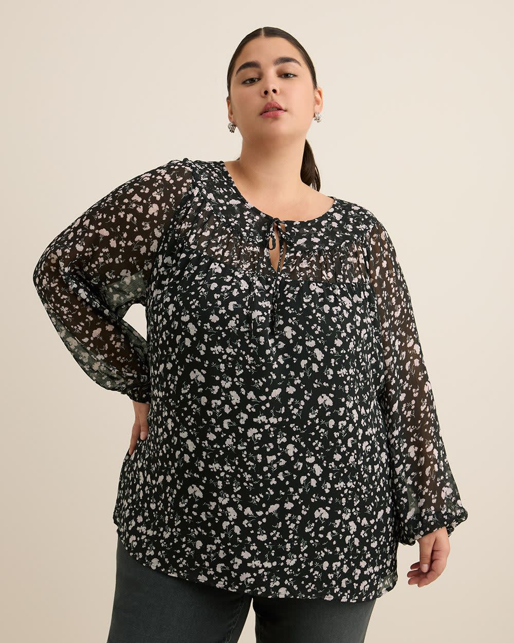 Shirred Swing Blouse Black printed 1 Shirred Swing Blouse Black printed