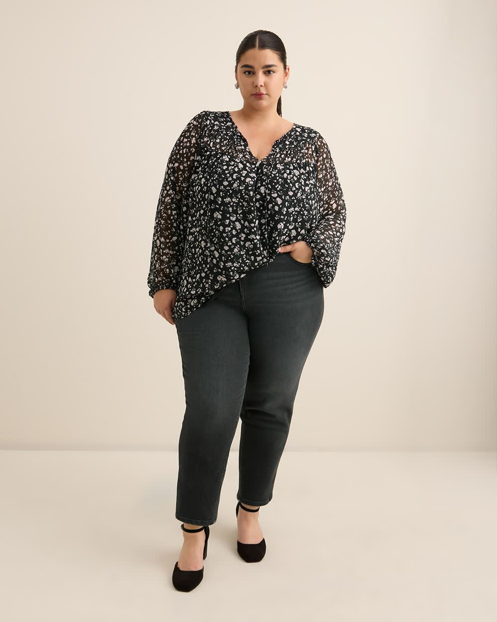 Shirred Swing Blouse Black printed 2 Shirred Swing Blouse Black printed