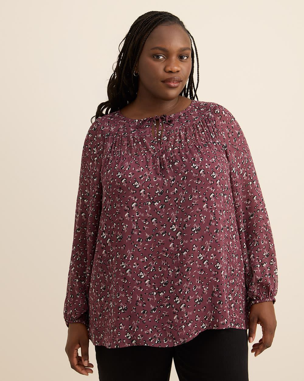 Shirred Swing Blouse Plum wine printed 1 Shirred Swing Blouse Plum wine printed