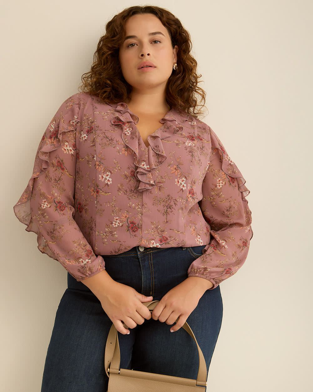 Floral Ruffled Swing Fashion Blouse - Addition Elle Nostalgia rose printed