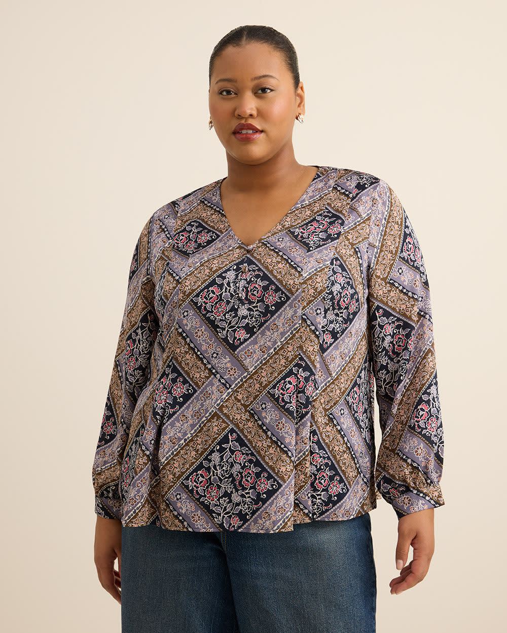Quilt Patchwork Print Long-Sleeve Flared Pleated Blouse Sky captain printed- 1 Quilt Patchwork Print Long-Sleeve Flared Pleated Blouse Sky captain printed-