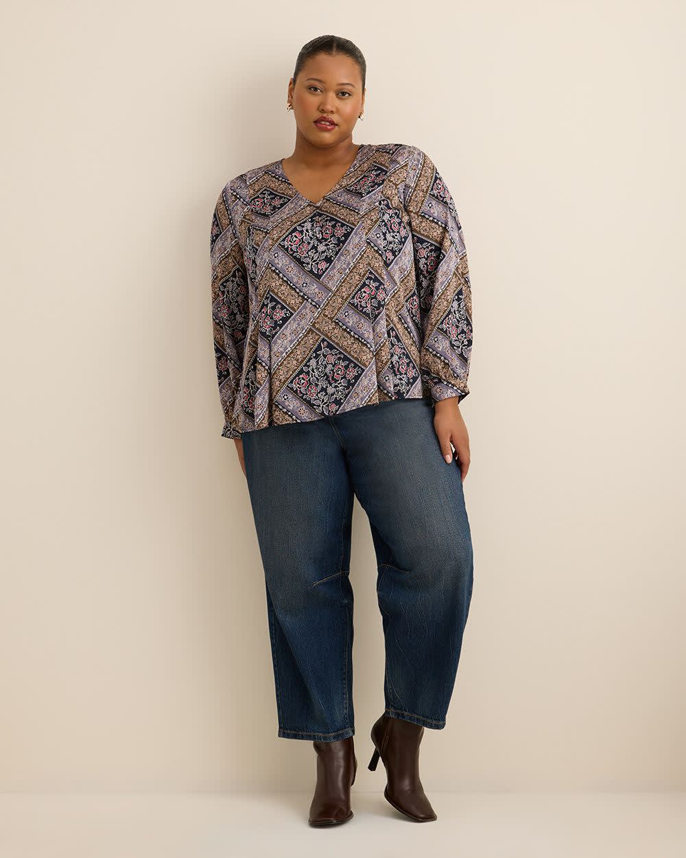 Quilt Patchwork Print Long-Sleeve Flared Pleated Blouse Sky captain printed- 2 Quilt Patchwork Print Long-Sleeve Flared Pleated Blouse Sky captain printed-