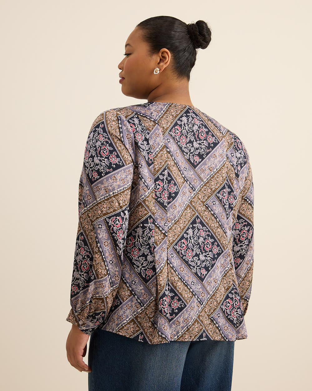 Quilt Patchwork Print Long-Sleeve Flared Pleated Blouse Sky captain printed- 3 Quilt Patchwork Print Long-Sleeve Flared Pleated Blouse Sky captain printed-