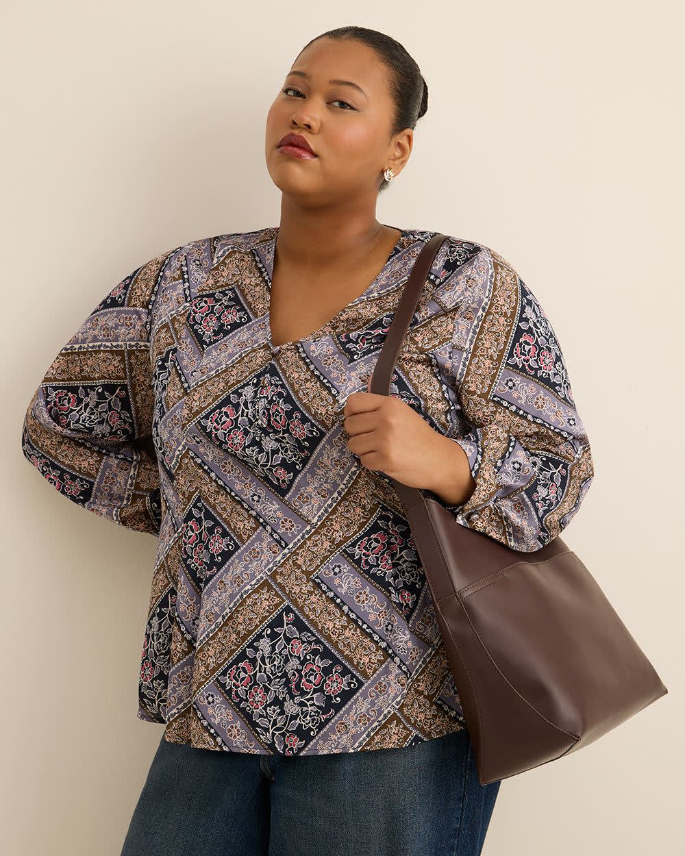 Quilt Patchwork Print Long-Sleeve Flared Pleated Blouse Sky captain printed- 4 Quilt Patchwork Print Long-Sleeve Flared Pleated Blouse Sky captain printed-