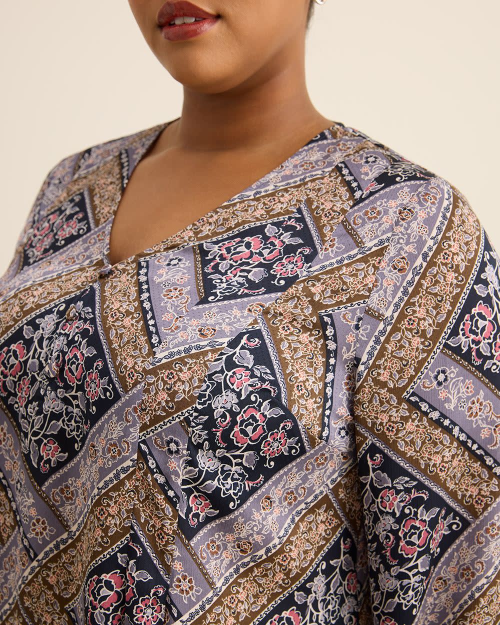 Quilt Patchwork Print Long-Sleeve Flared Pleated Blouse Sky captain printed- 5 Quilt Patchwork Print Long-Sleeve Flared Pleated Blouse Sky captain printed-