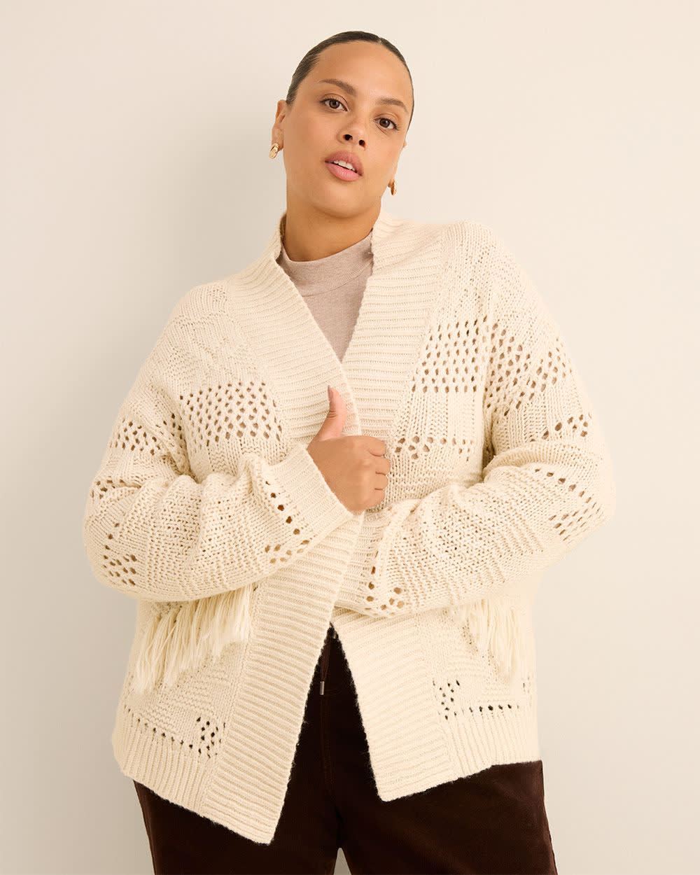 Open Tunic Cardigan with Tassels Cream- 1 Open Tunic Cardigan with Tassels Cream-