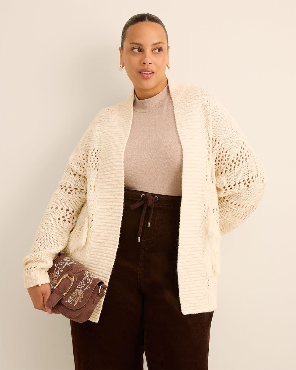 Open Tunic Cardigan with Tassels Cream- 4 Open Tunic Cardigan with Tassels Cream-