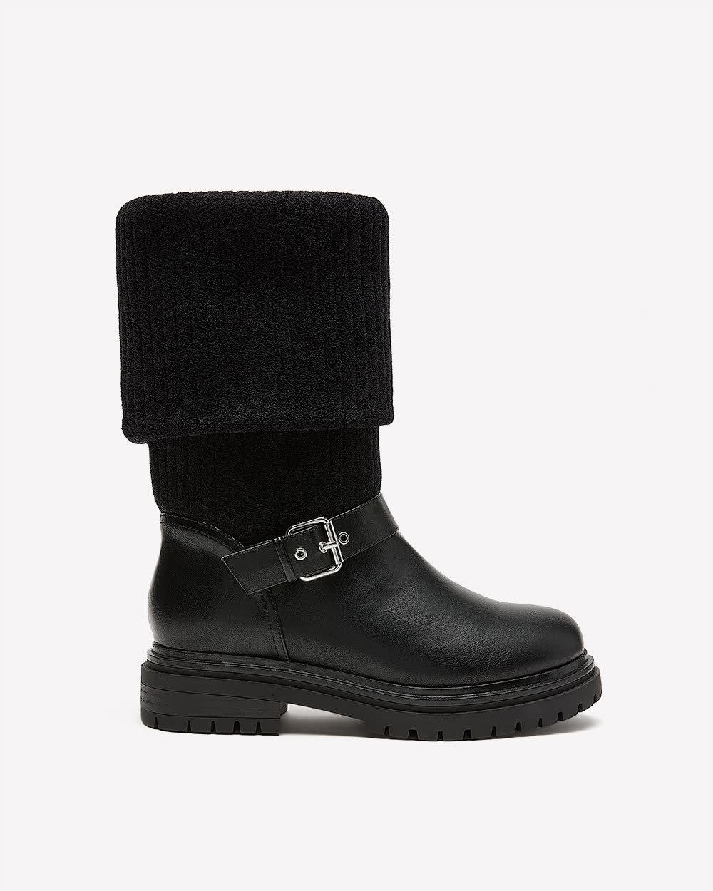 Extra Wide Width, Black Mid-Calf Chunky Boot with Knit Upper Black