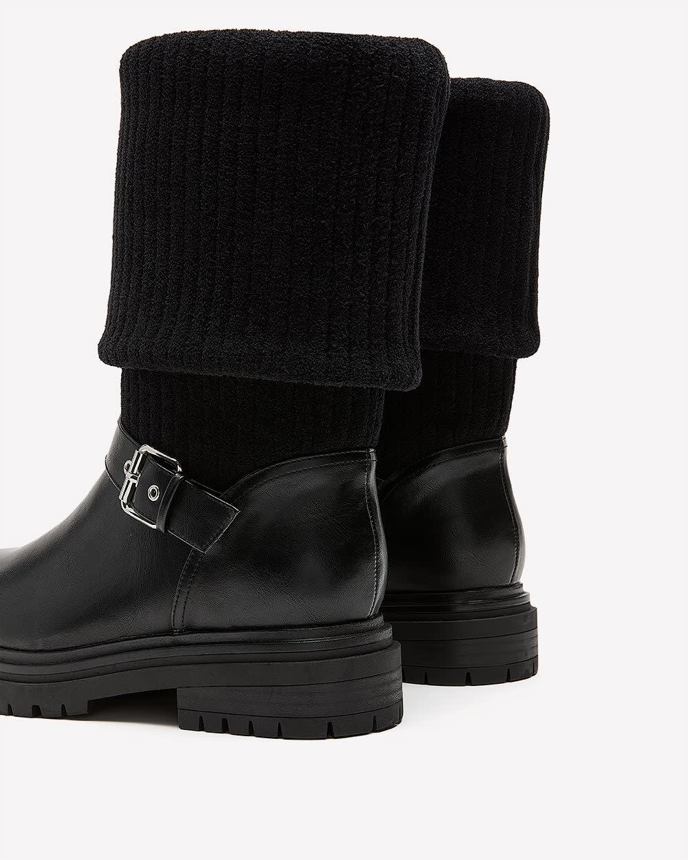 Extra Wide Width, Black Mid-Calf Chunky Boot with Knit Upper Black