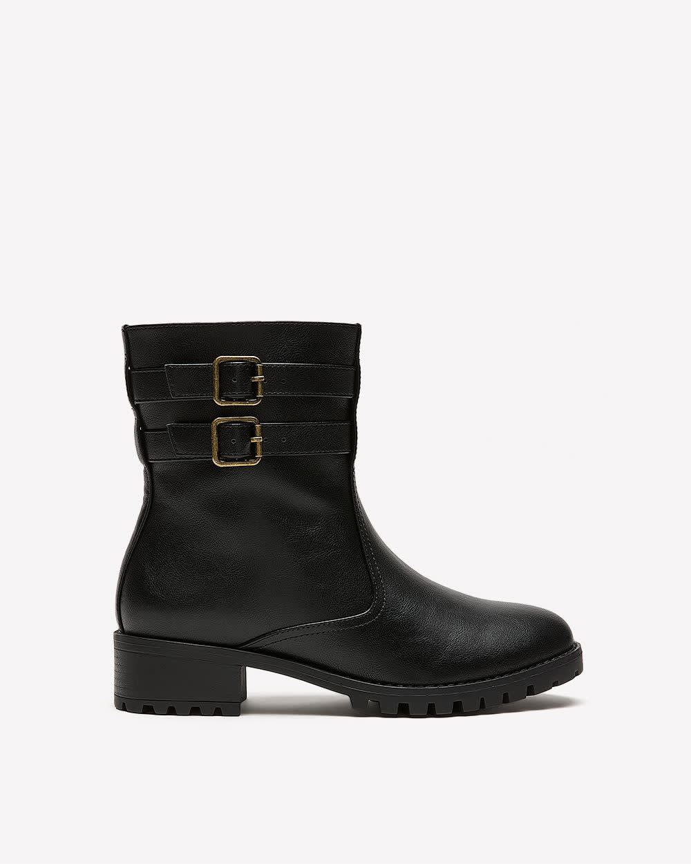 Extra Wide Width, Black Double Strap Low-Heel Bootie Black