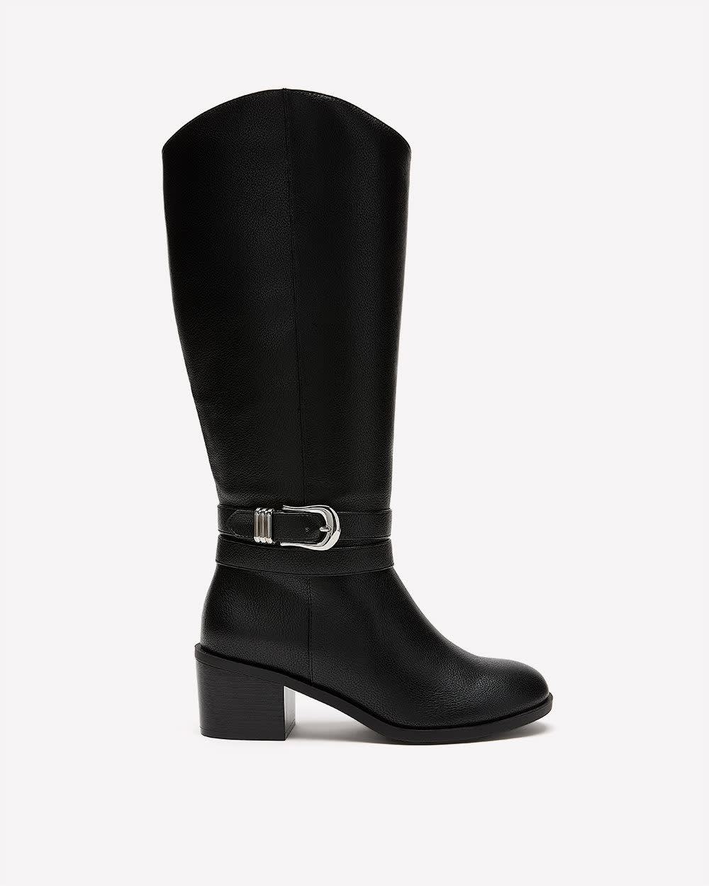 Extra Wide Width and Wide Calf, Tall Black Block-Heel Boot with Double Wrap Strap Black