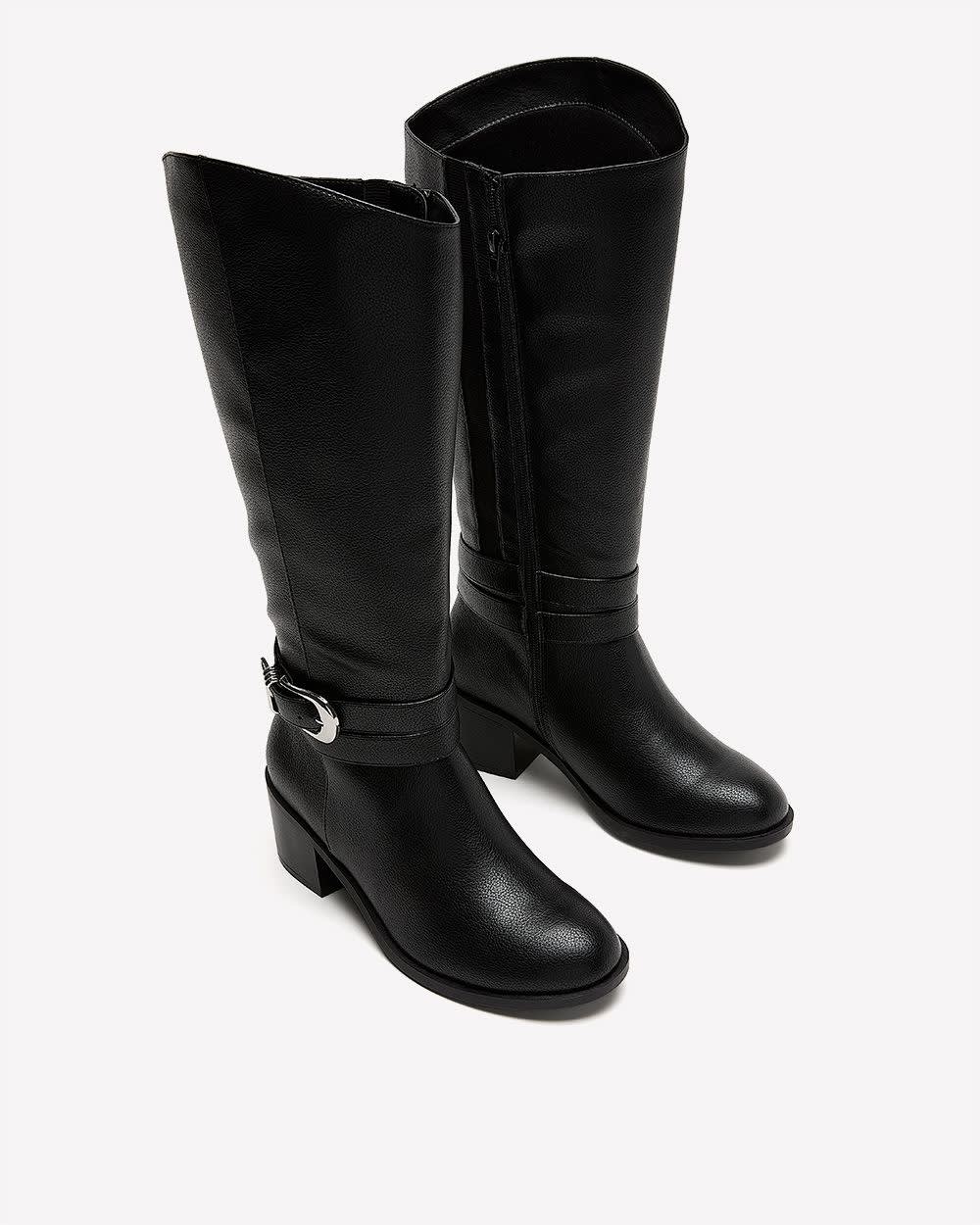 Extra Wide Width and Wide Calf, Tall Black Block-Heel Boot with Double Wrap Strap Black